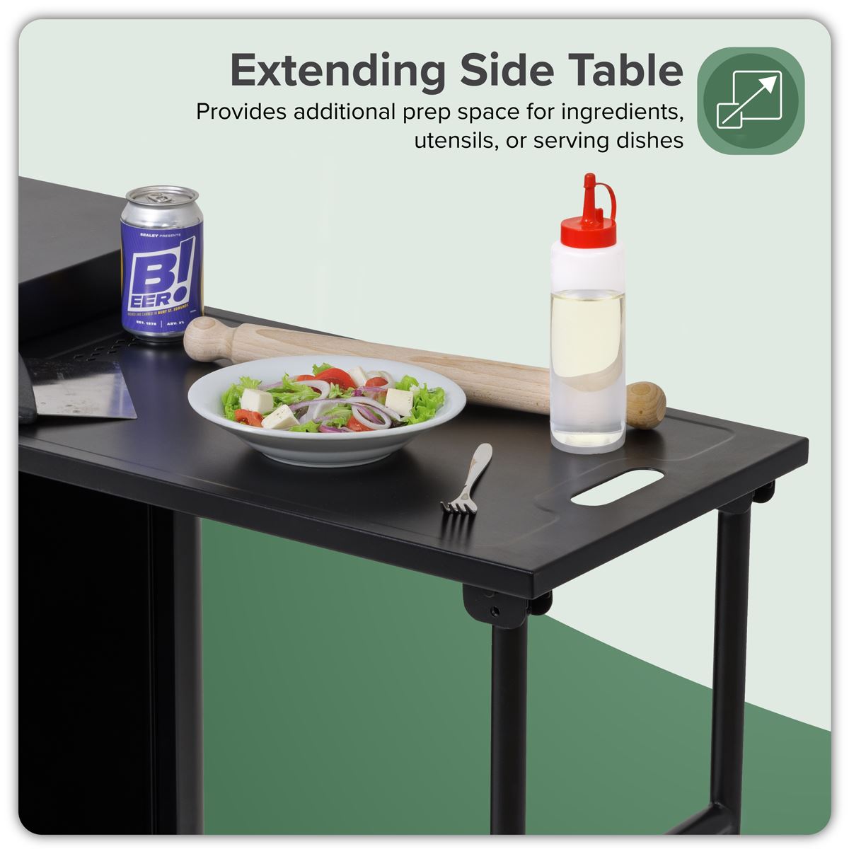 Dellonda BBQ/Plancha Workstation Trolley with Cupboard, Extension Table & Utensil Hooks, Black