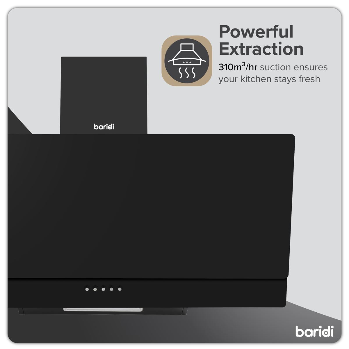 Baridi Angled Chimney Cooker Hood with Carbon Filters & LED Lamp 90cm, Energy Class A - Black Glass