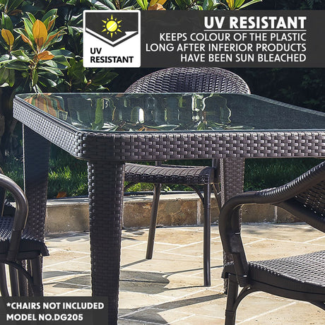 Dellonda Weather-Resistant Polypropylene/Fibreglass Dining Table with Tempered Glass Top - Dark Brown