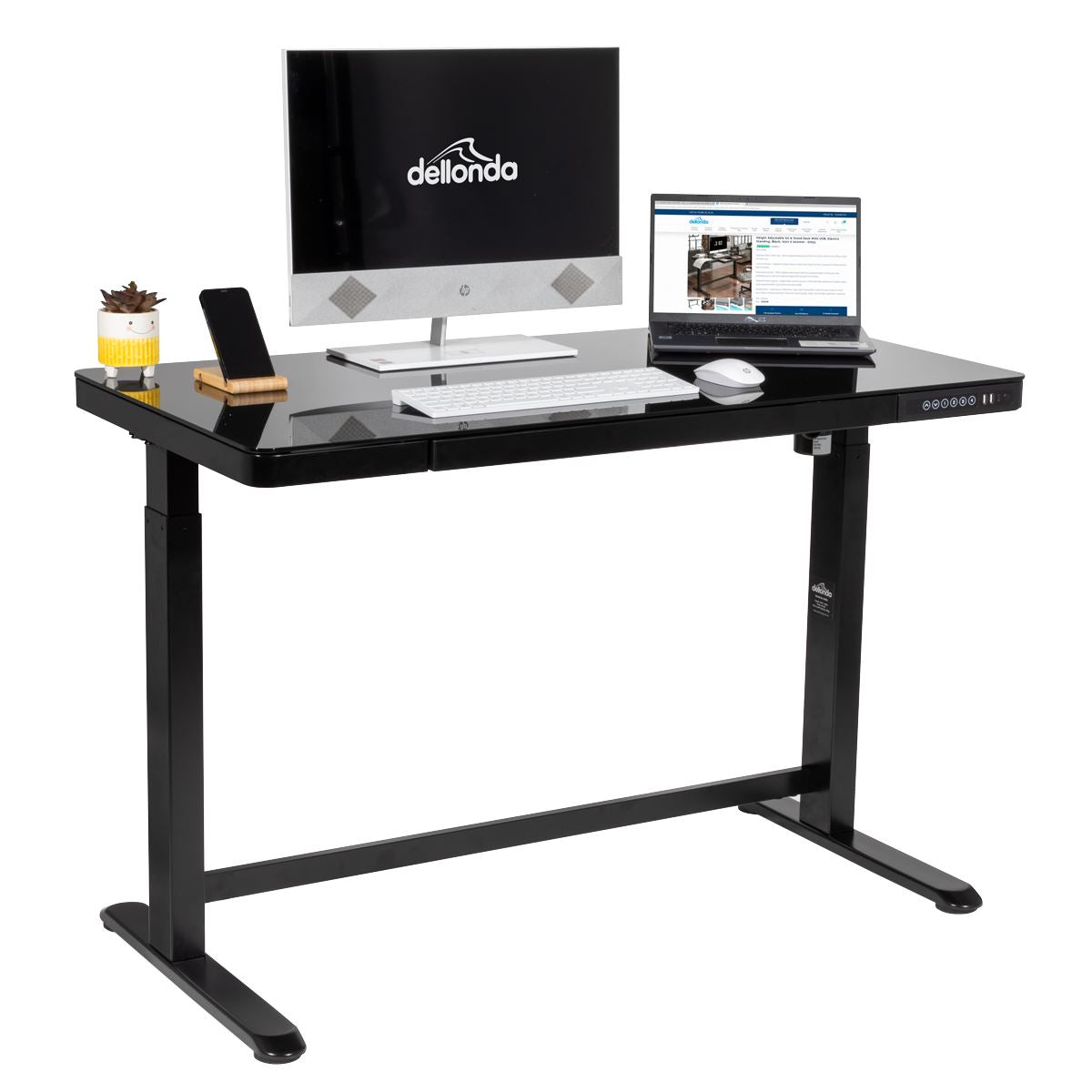 Dellonda Single Motor Ultra-Quiet Electric Desk with Control Panel, USB Port & Drawer - Black Desktop