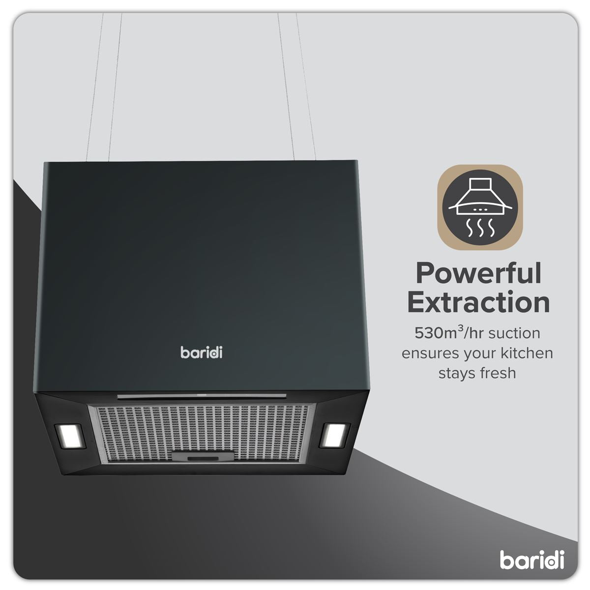 Baridi Square Island Cooker Hood 40cm - Black