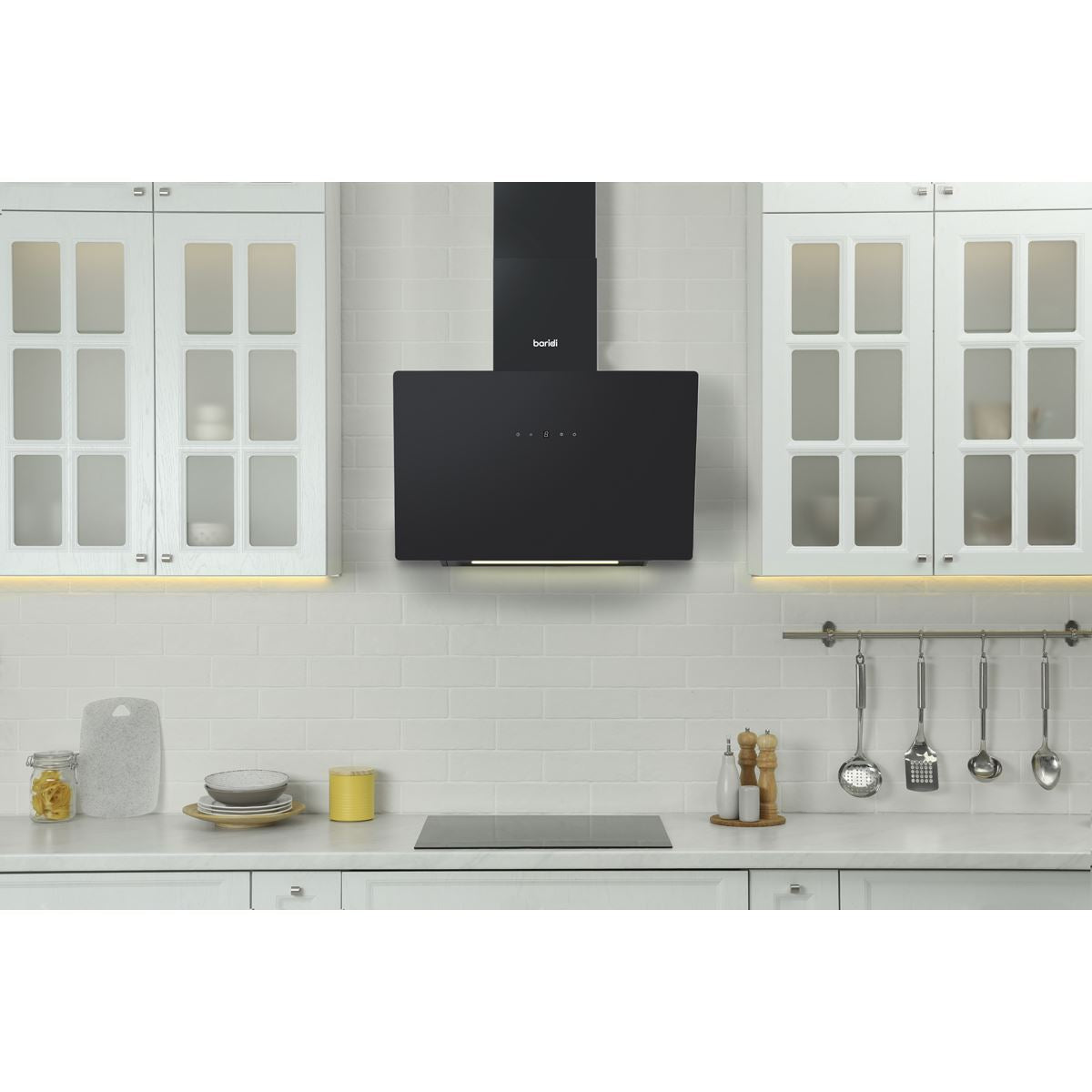 Baridi Angled Chimney Cooker Hood with Touch Controls & Carbon Filters 60cm - Black Glass