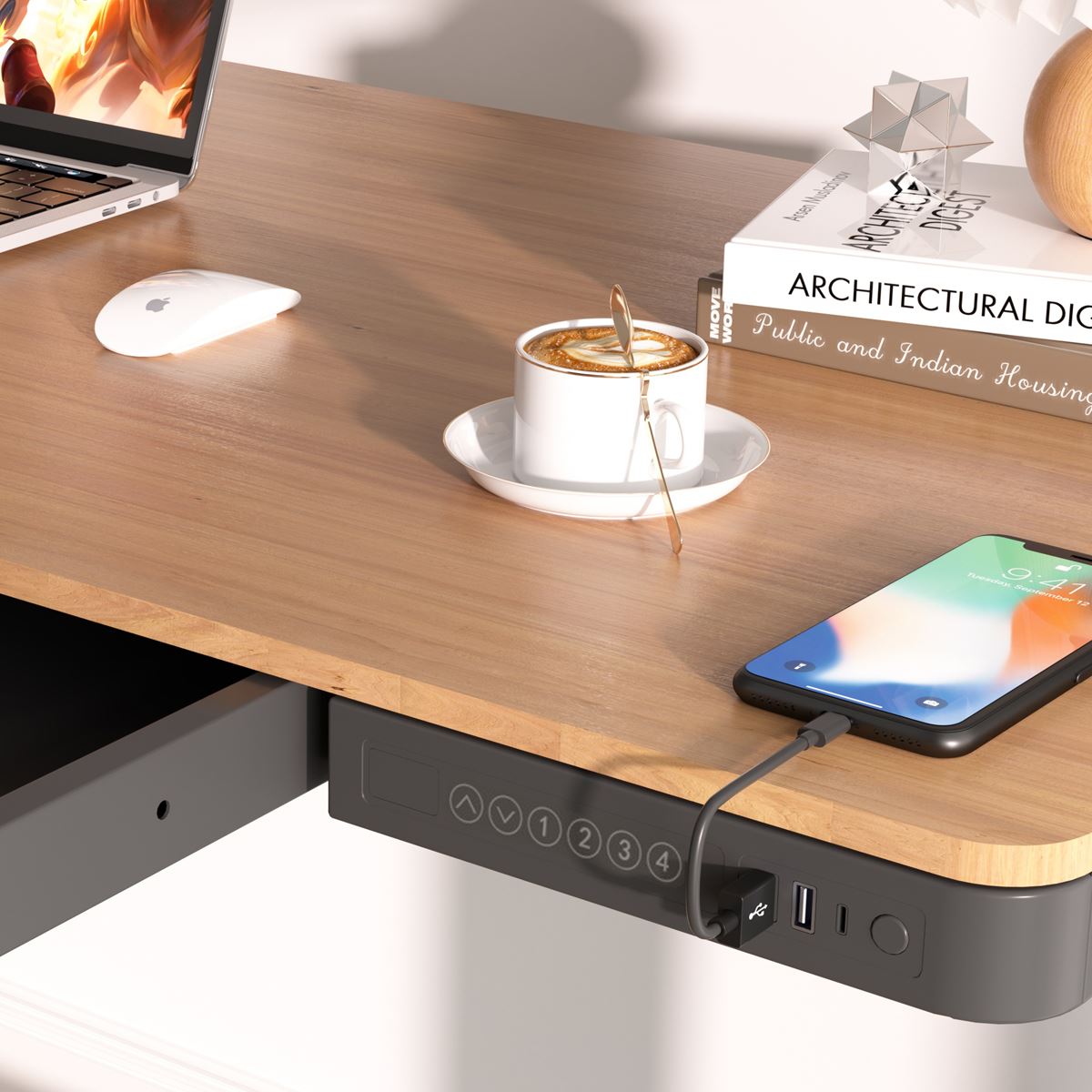 Dellonda Single Motor Ultra-Quiet Electric Desk with Control Panel, USB Port & Drawer - Oak Desktop