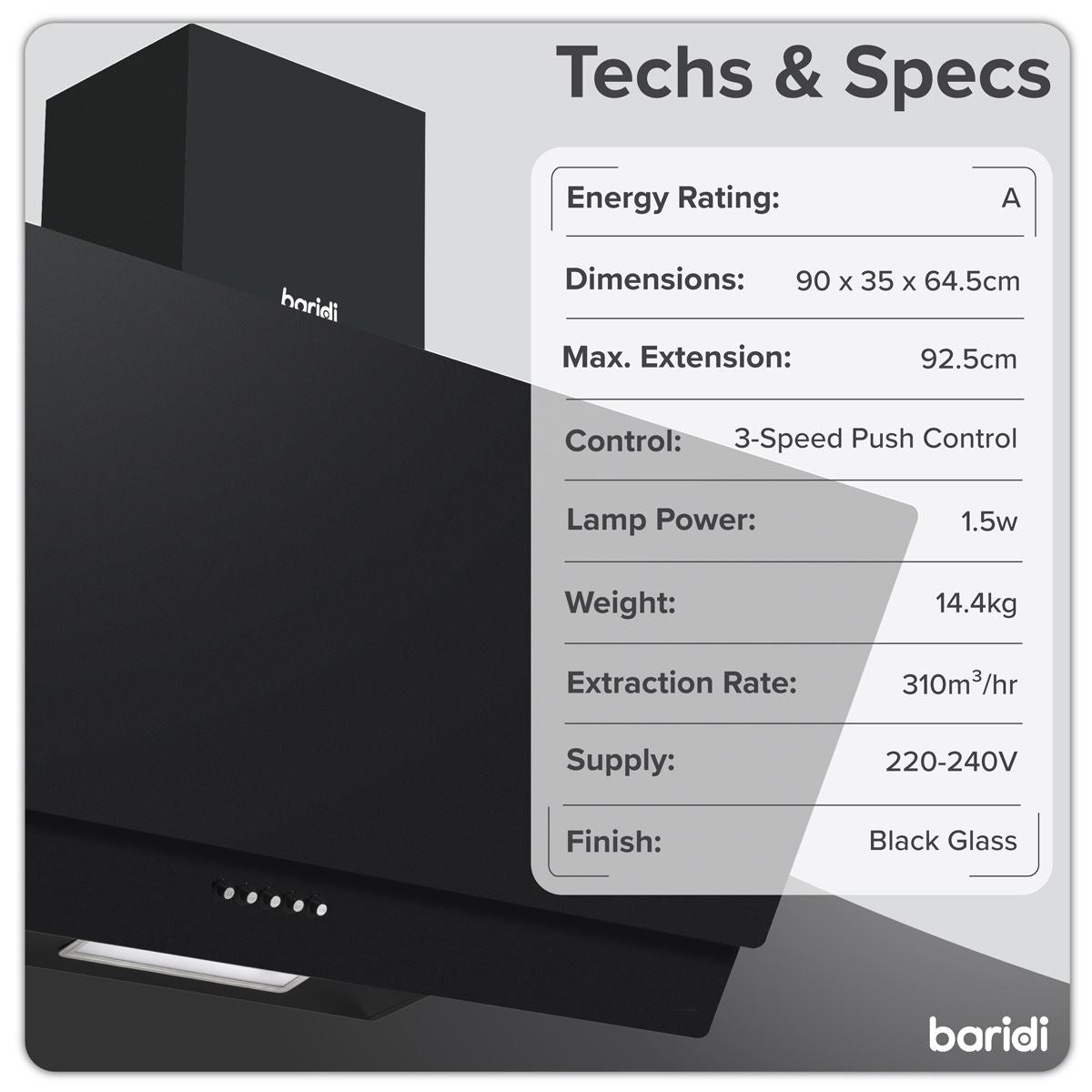 Baridi Angled Chimney Cooker Hood with Carbon Filters & LED Lamp 90cm, Energy Class A - Black Glass