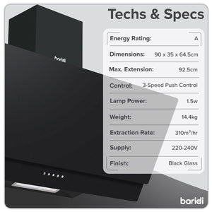 Baridi Angled Chimney Cooker Hood with Carbon Filters & LED Lamp 90cm, Energy Class A - Black Glass