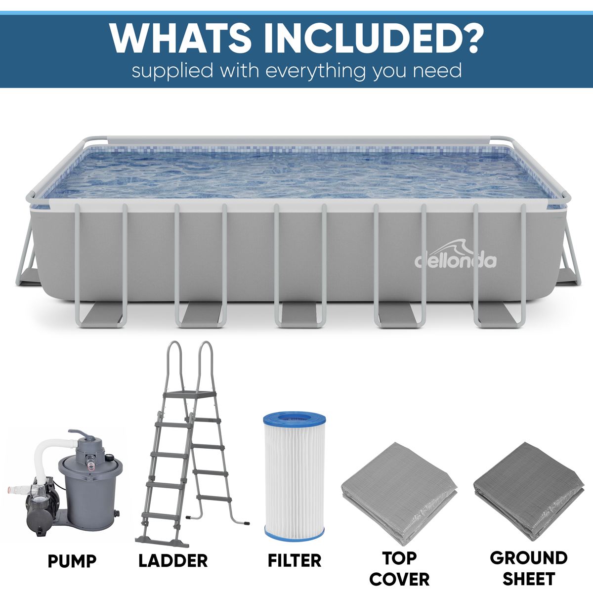 Dellonda Deluxe Steel Frame Rectangular Swimming Pool with Step Ladder & Filter Pump 21ft