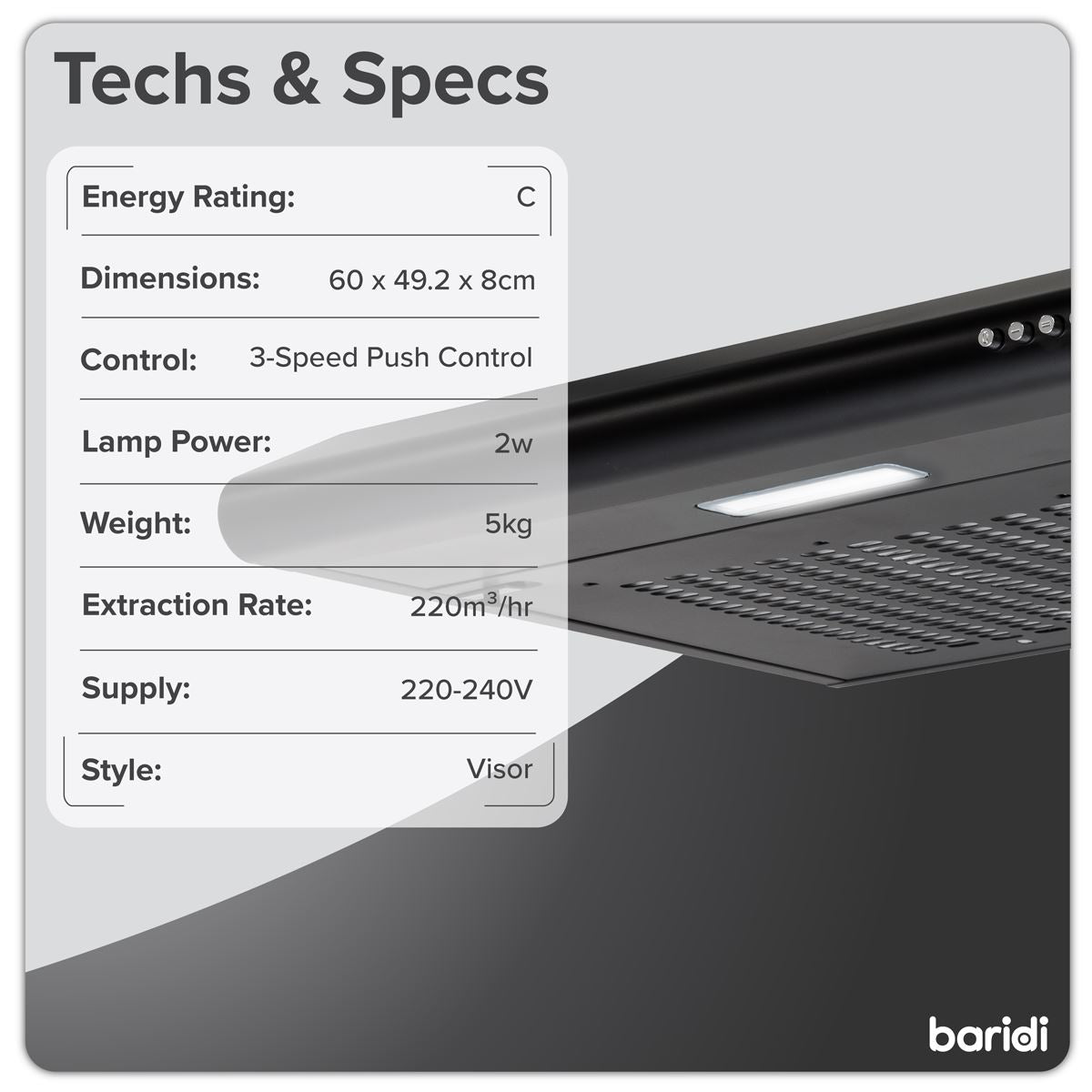 Baridi Visor Cooker Hood Extractor Fan 60cm - Black