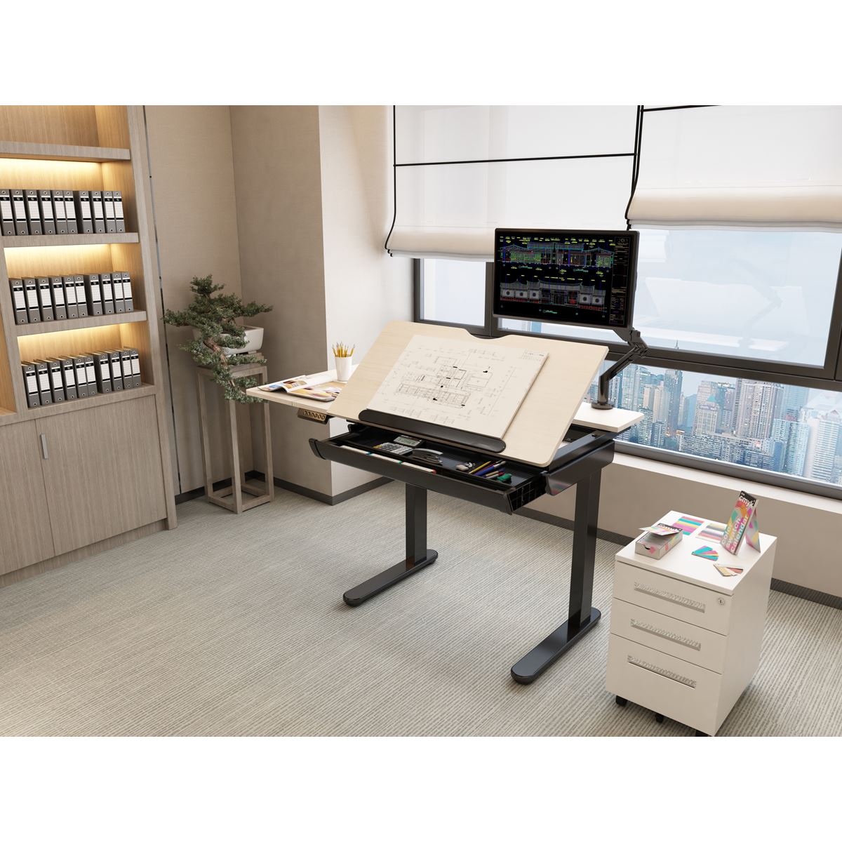 Dellonda Single Motor Ultra-Quiet Electric Adjustable Drawing Table with 40° Tilt, Drawer & Side Table