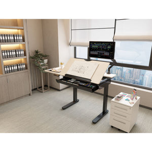Dellonda Single Motor Ultra-Quiet Electric Adjustable Drawing Table with 40° Tilt, Drawer & Side Table