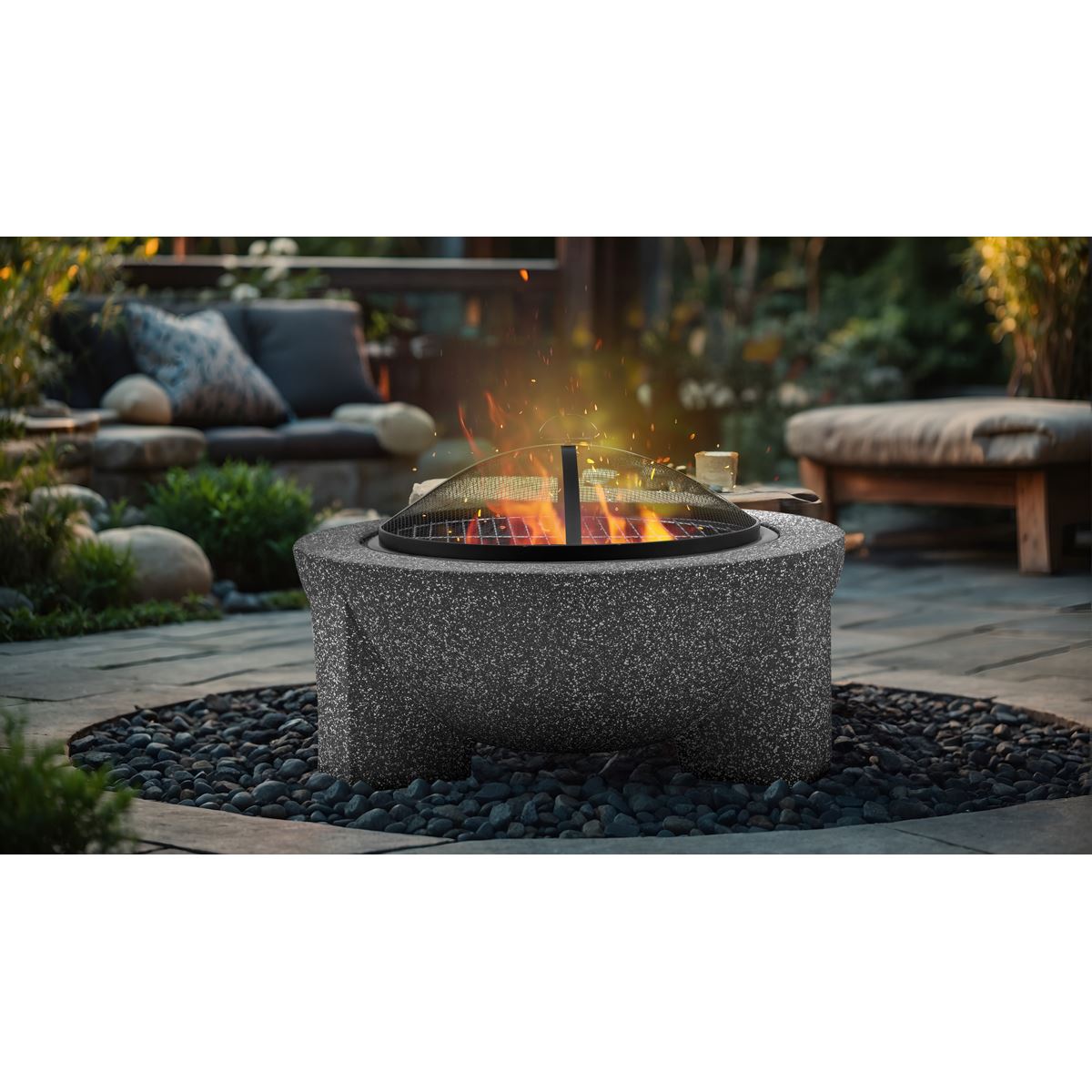 Dellonda Round MgO Fire Pit with BBQ Grill, Ø75cm, Safety Mesh Screen - Dark Grey