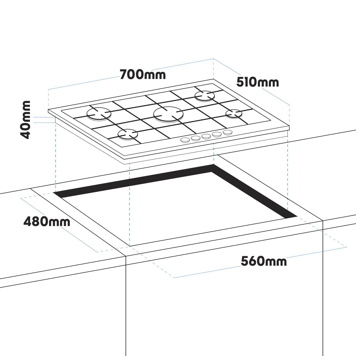 Baridi Gas Hob with 5 Cooking Zones 70cm - Stainless Steel