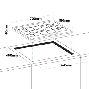Baridi Gas Hob with 5 Cooking Zones 70cm - Stainless Steel