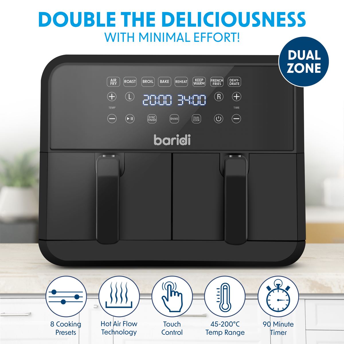 Baridi Dual Zone Air Fryer with 8 Preset Functions 8L Capacity