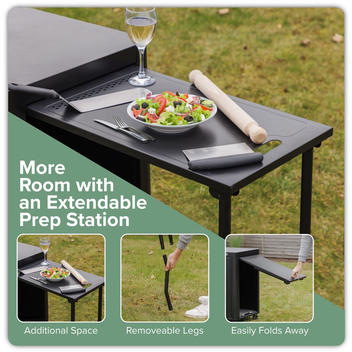 Dellonda BBQ/Plancha Workstation Trolley with Cupboard, Extension Table & Utensil Hooks, Black