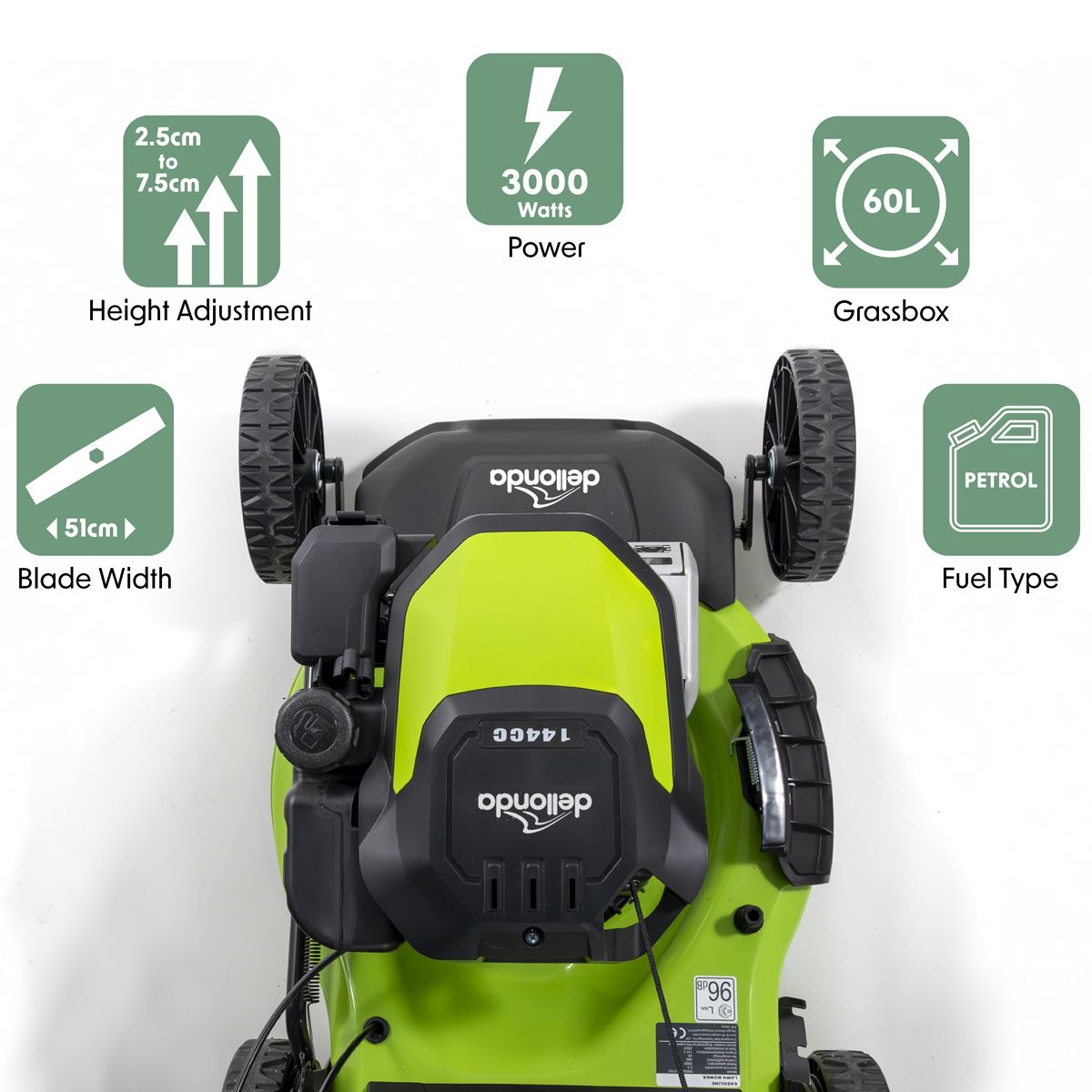 Dellonda Self-Propelled Petrol Lawnmower Grass Cutter with Height Adjustment & Grass Bag 144cc 18"/46cm 4-Stroke Engine