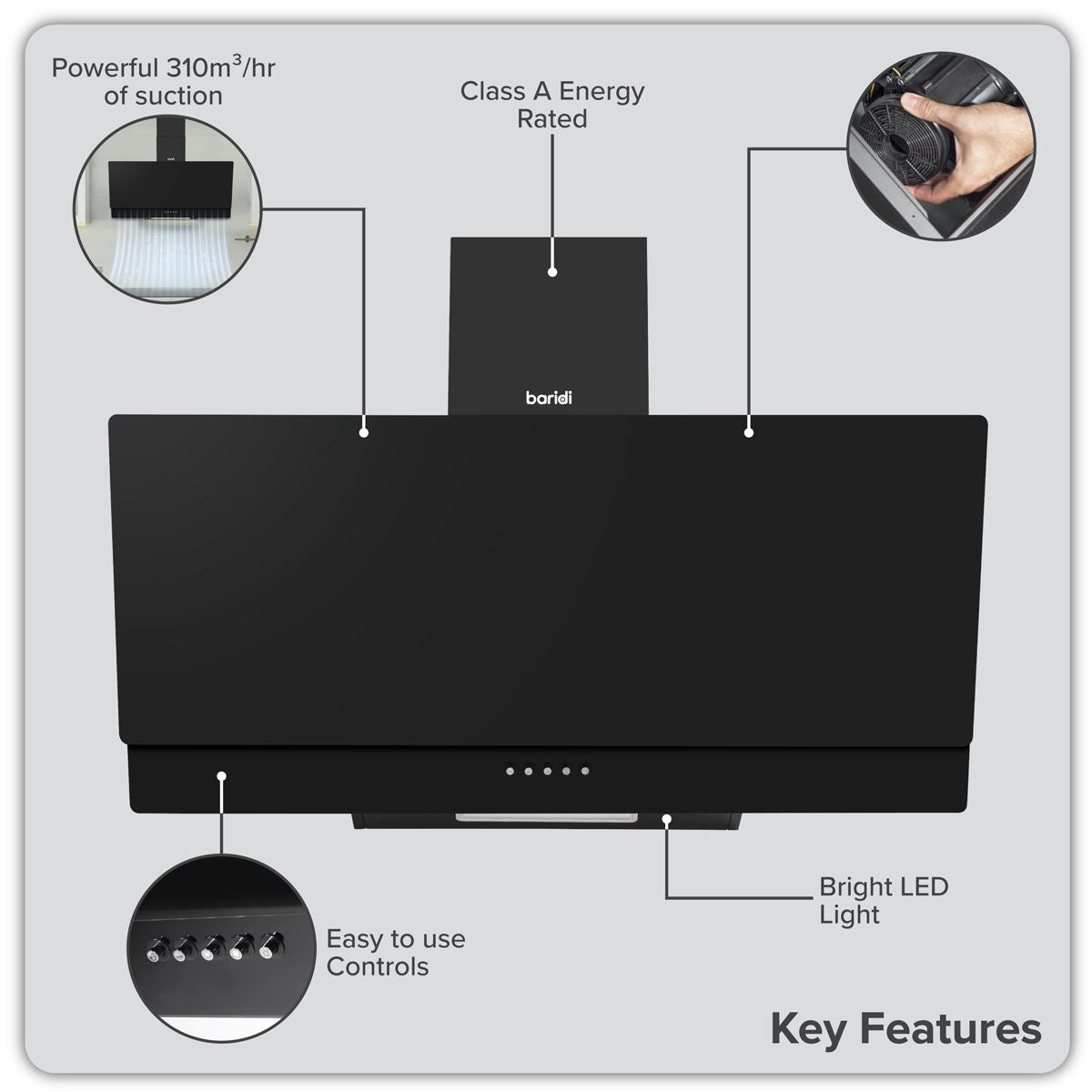 Baridi Angled Chimney Cooker Hood with Carbon Filters & LED Lamp 90cm, Energy Class A - Black Glass