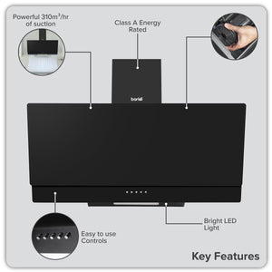Baridi Angled Chimney Cooker Hood with Carbon Filters & LED Lamp 90cm, Energy Class A - Black Glass
