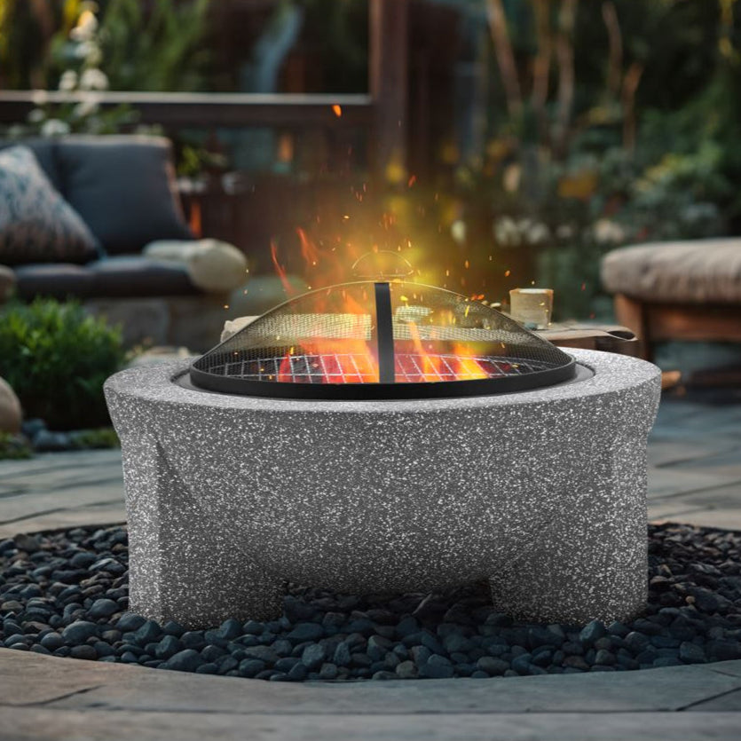 Round MgO Fire Pit with BBQ Grill, Ø75cm, Safety Mesh Screen - Light Grey