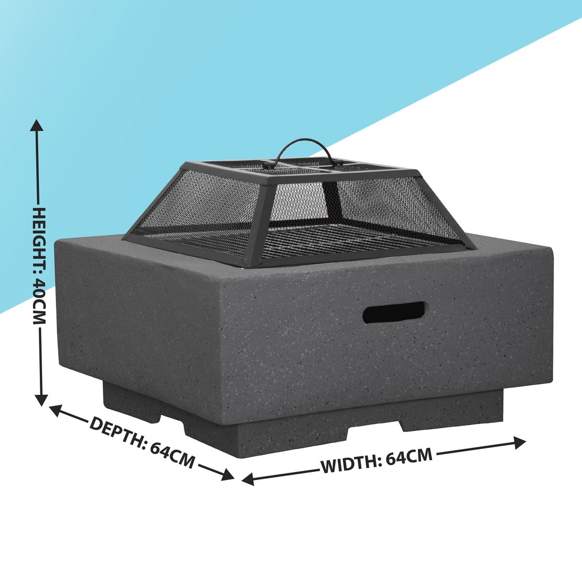 Square MgO Fire Pit with BBQ Grill, Safety Mesh Screen - Dark Grey