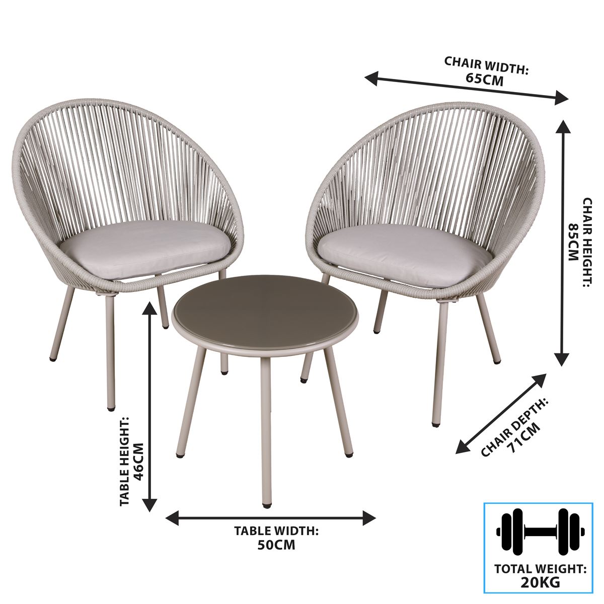 Dellonda Como Steel Bistro Set with Tempered Glass Tabletop 3pc