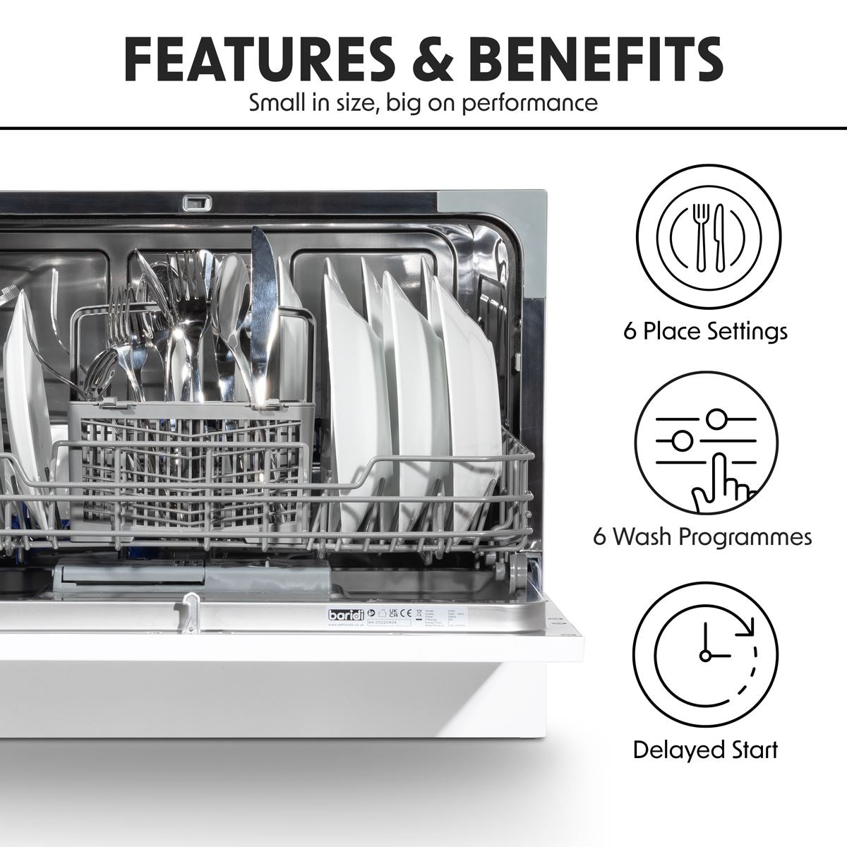 Baridi Tabletop Dishwasher 6 Place Settings 6.5L Capacity - White