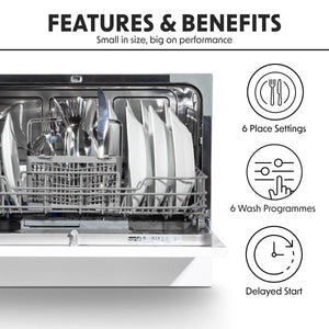 Baridi Tabletop Dishwasher 6 Place Settings 6.5L Capacity - White