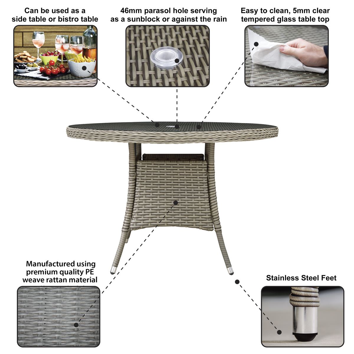 Dellonda Chester Rattan Wicker Round Outdoor Dining Table with Tempered Glass Top