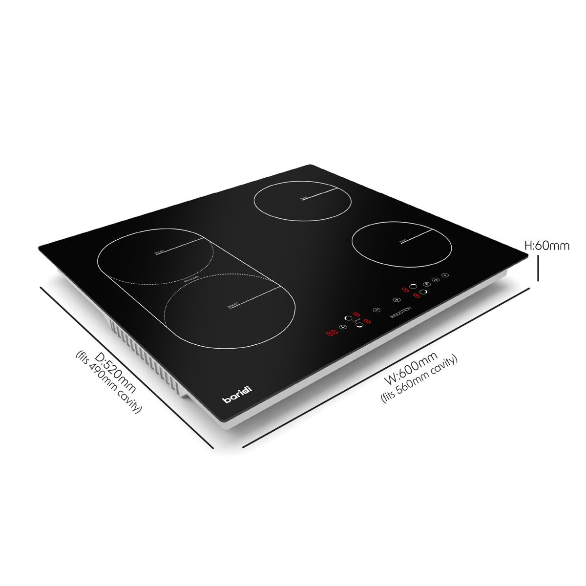 Baridi Integrated Induction Hob with 4 Cooking Zones & Bridge Zone 60cm 2800W Output