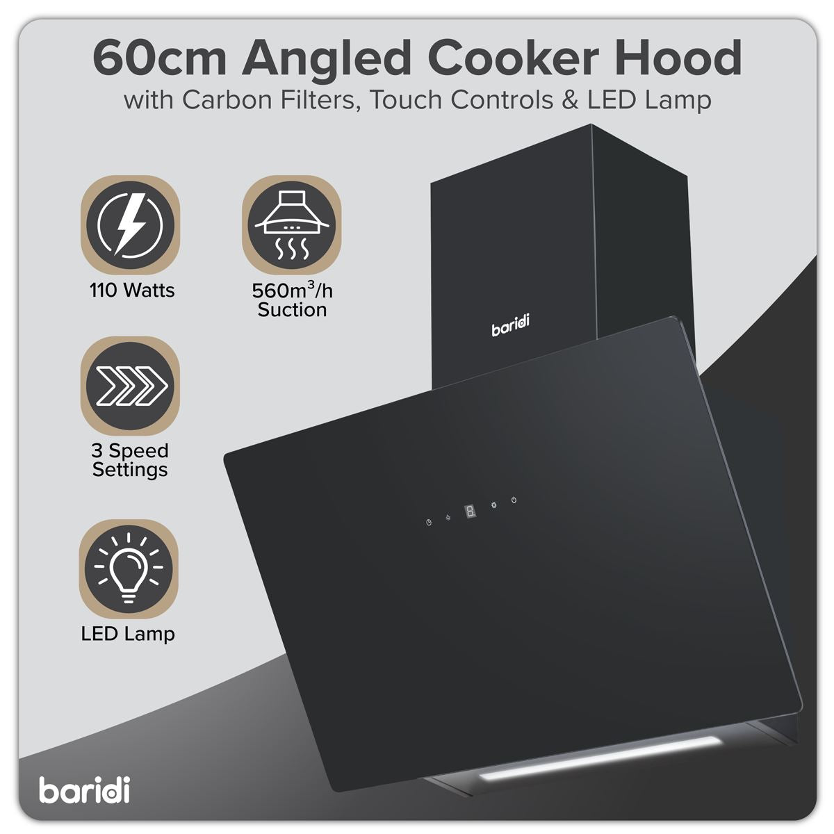 Baridi Angled Chimney Cooker Hood with Touch Controls & Carbon Filters 60cm - Black Glass