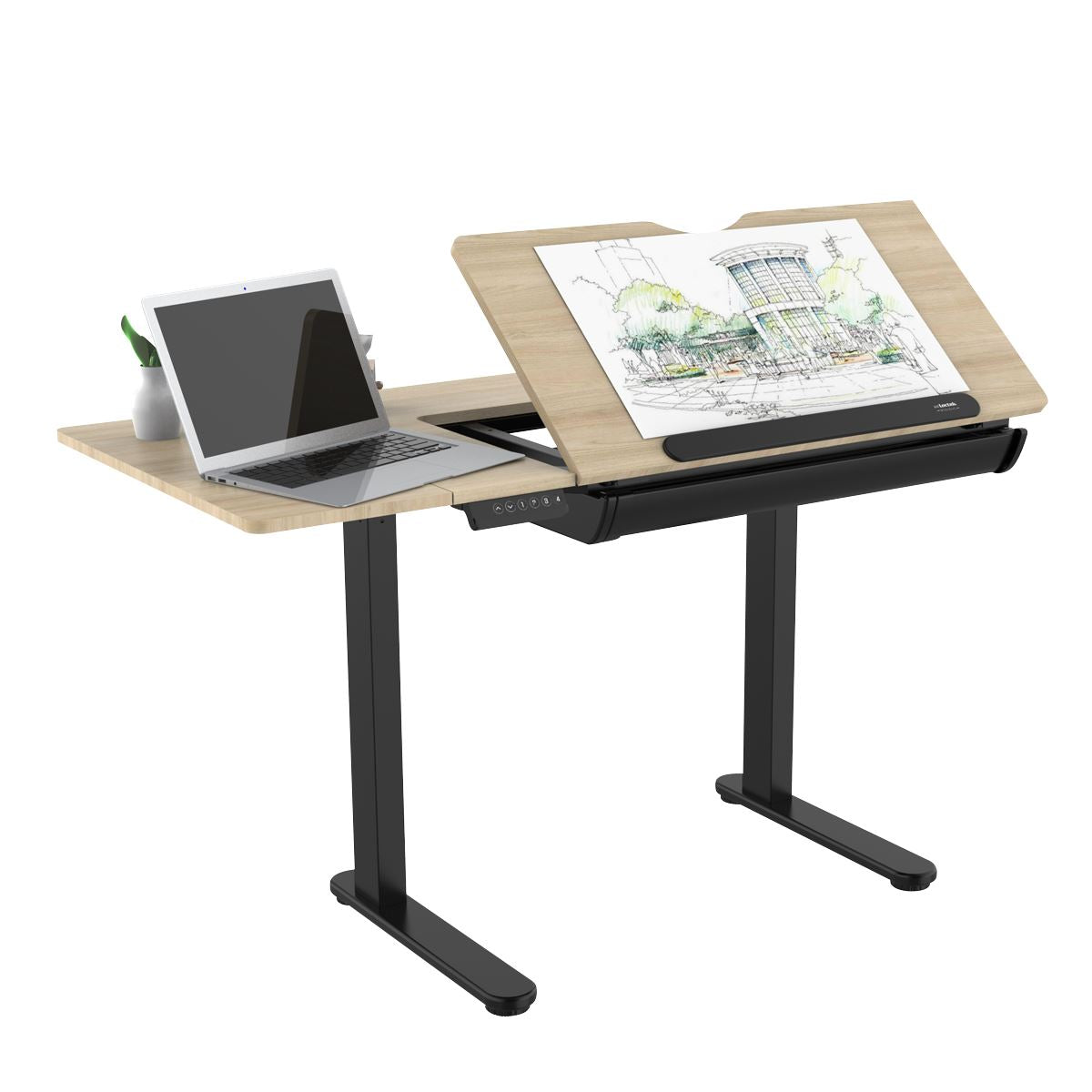 Dellonda Single Motor Ultra-Quiet Electric Adjustable Drawing Table with 40° Tilt, Drawer & Side Table