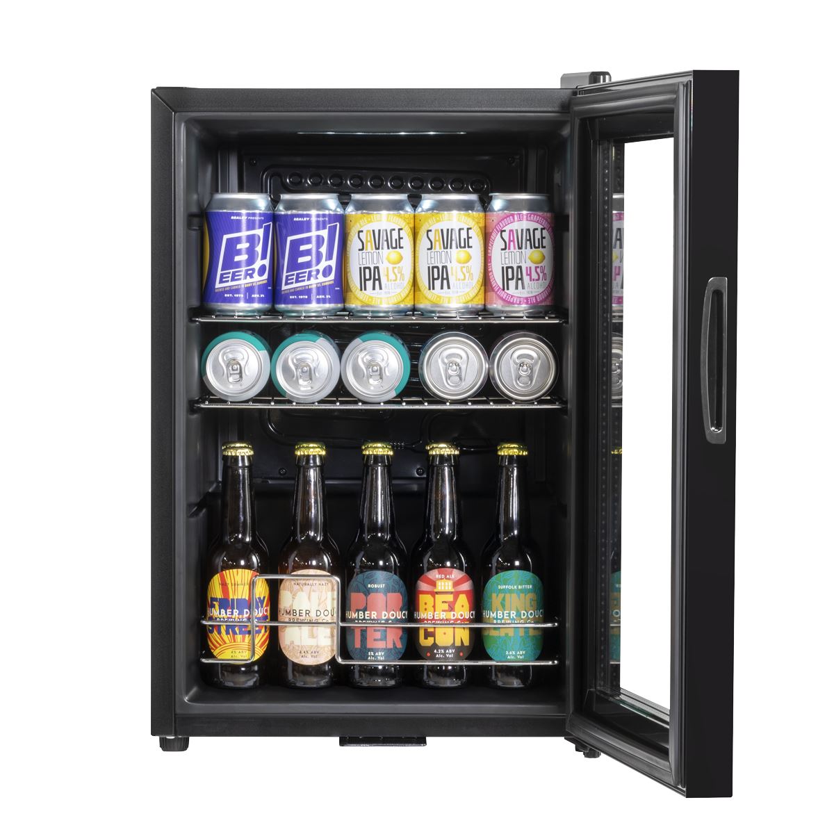 Baridi Beer & Drinks Fridge with LED Light, Black and Glass Door 60L