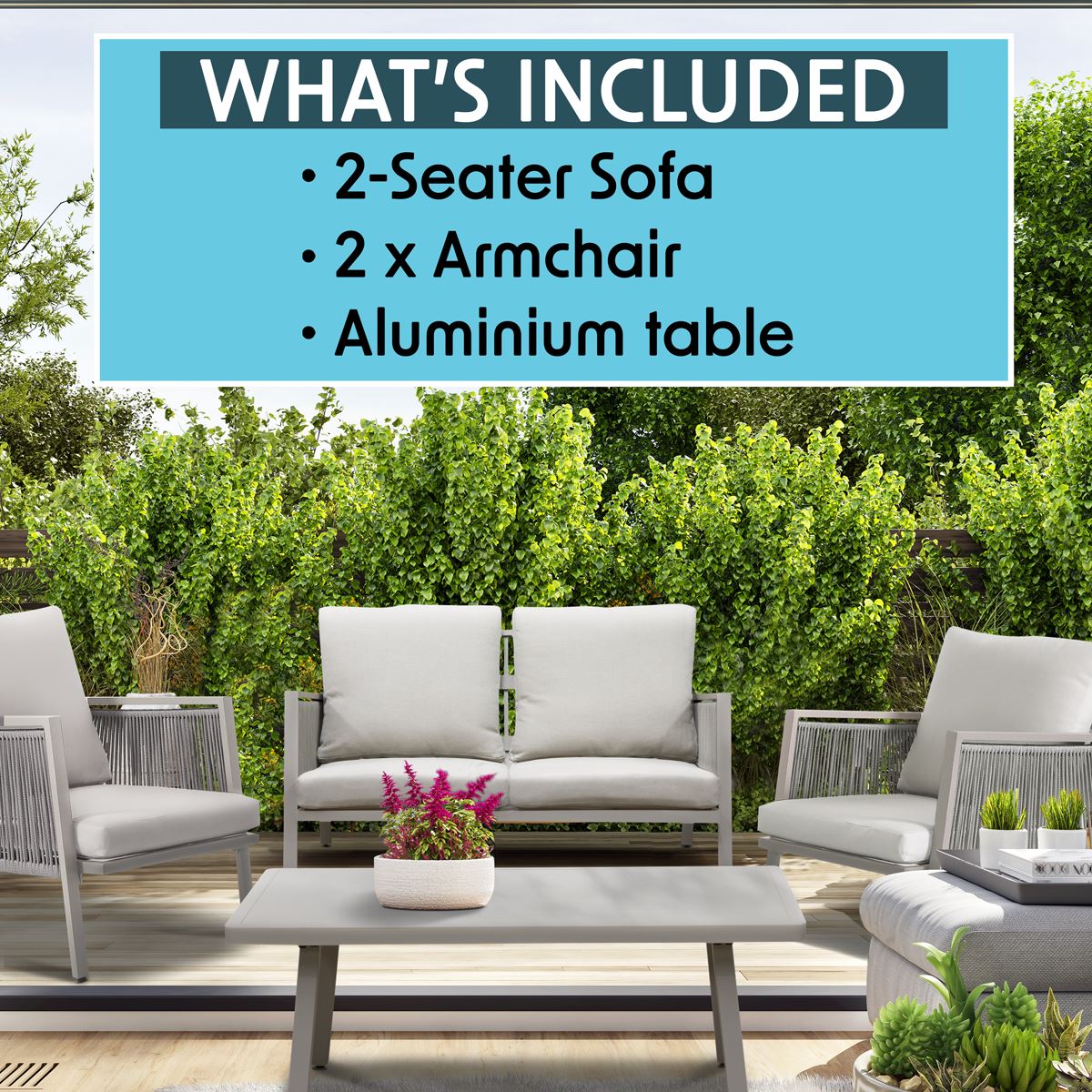 Dellonda Fusion Aluminium Outdoor Sofa Arm Chairs & Coffee Table Set 4 Piece