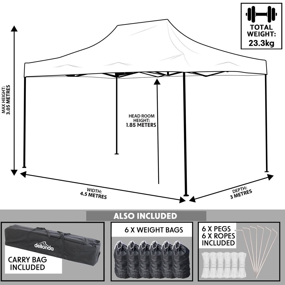 Dellonda Blue Premium 3 x 4.5m Pop-Up Gazebo, Heavy Duty, PVC Coated, Water Resistant Fabric, Supplied with Carry Bag & Accesories