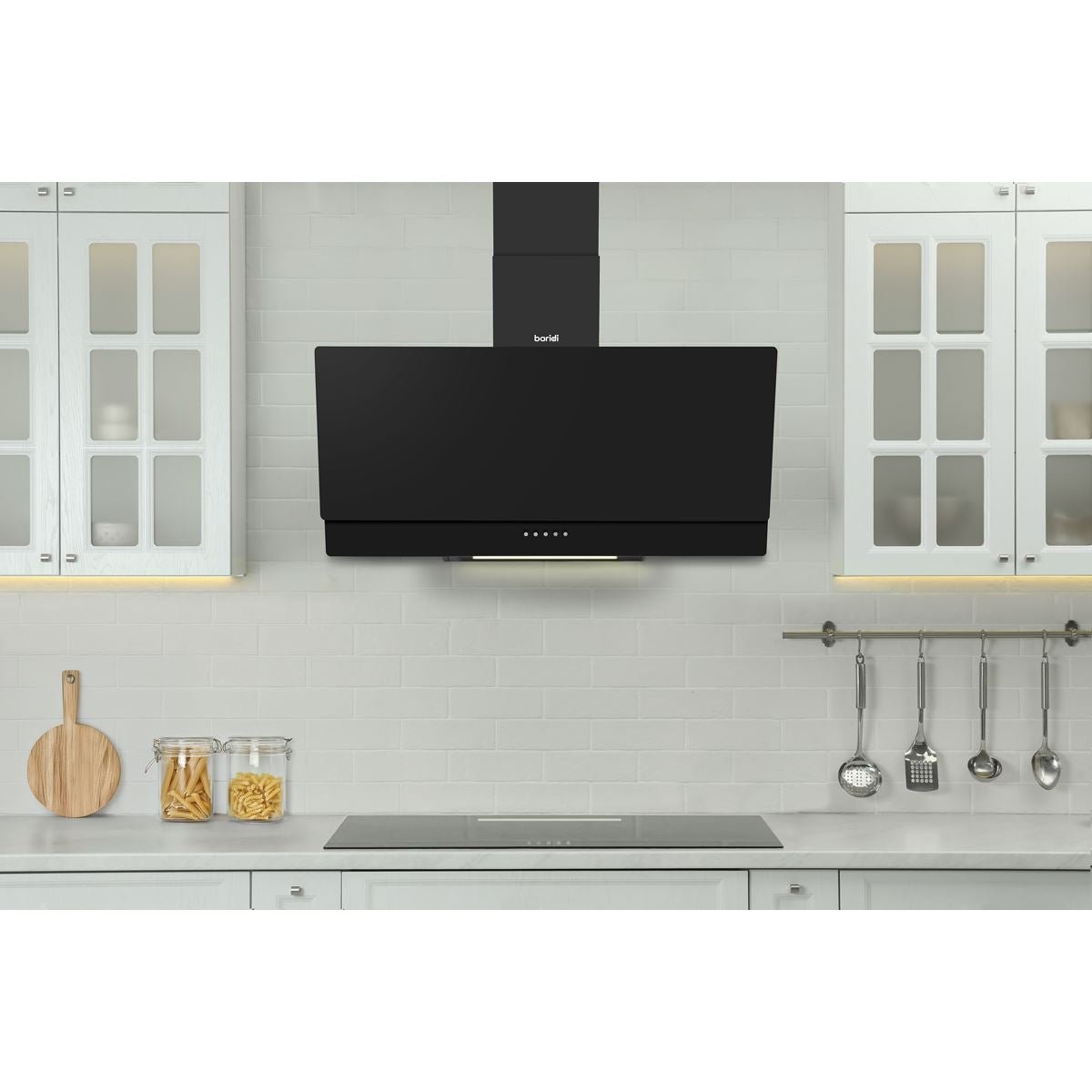 Baridi Angled Chimney Cooker Hood with Carbon Filters & LED Lamp 90cm, Energy Class A - Black Glass