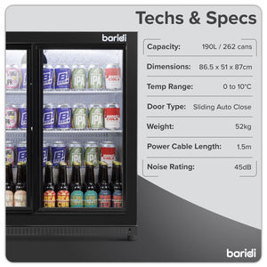 Baridi Back Bar Drinks Fridge/Cooler with Double Sliding Doors, 190L Capacity