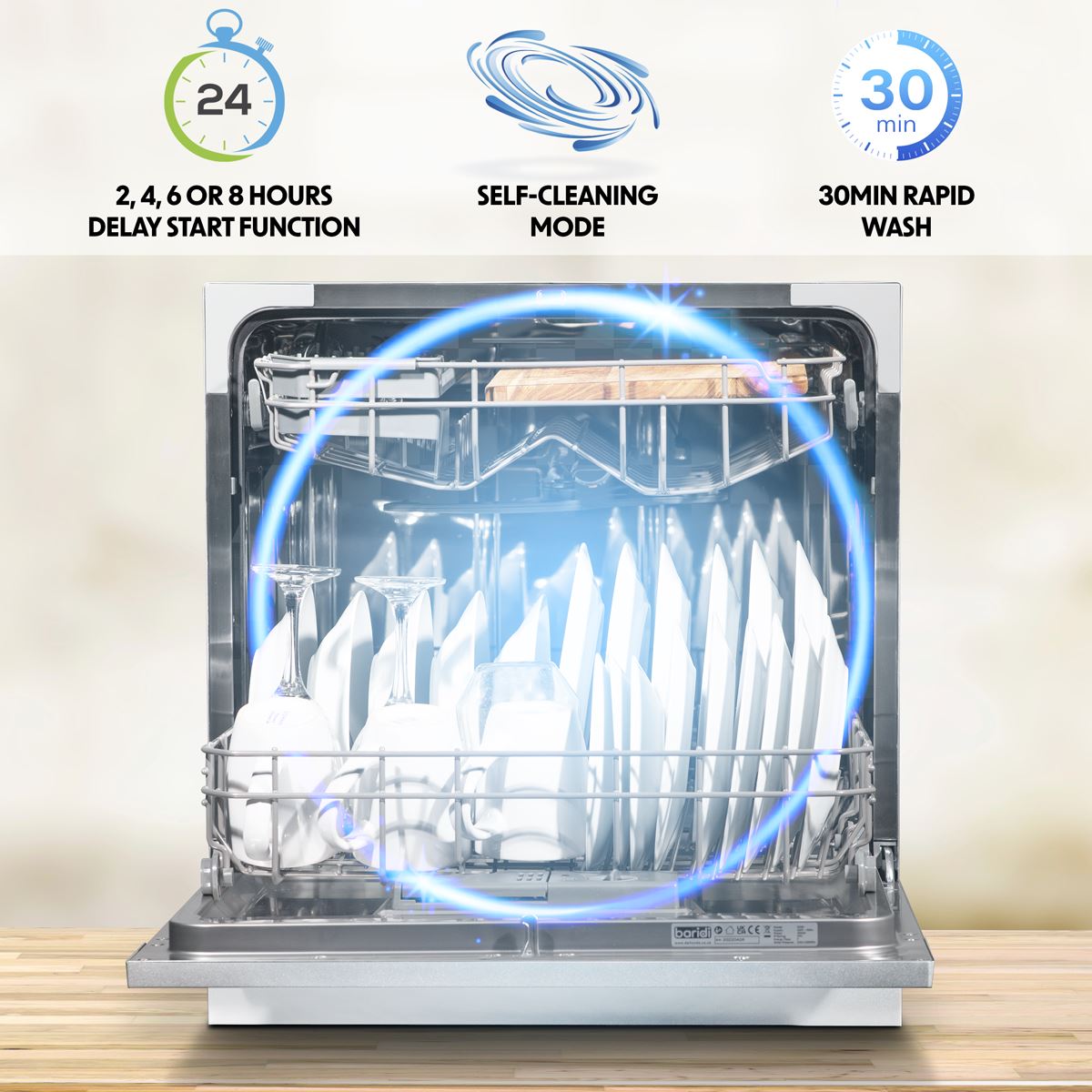 Baridi Tabletop Dishwasher 8 Place Settings 8L Capacity - White