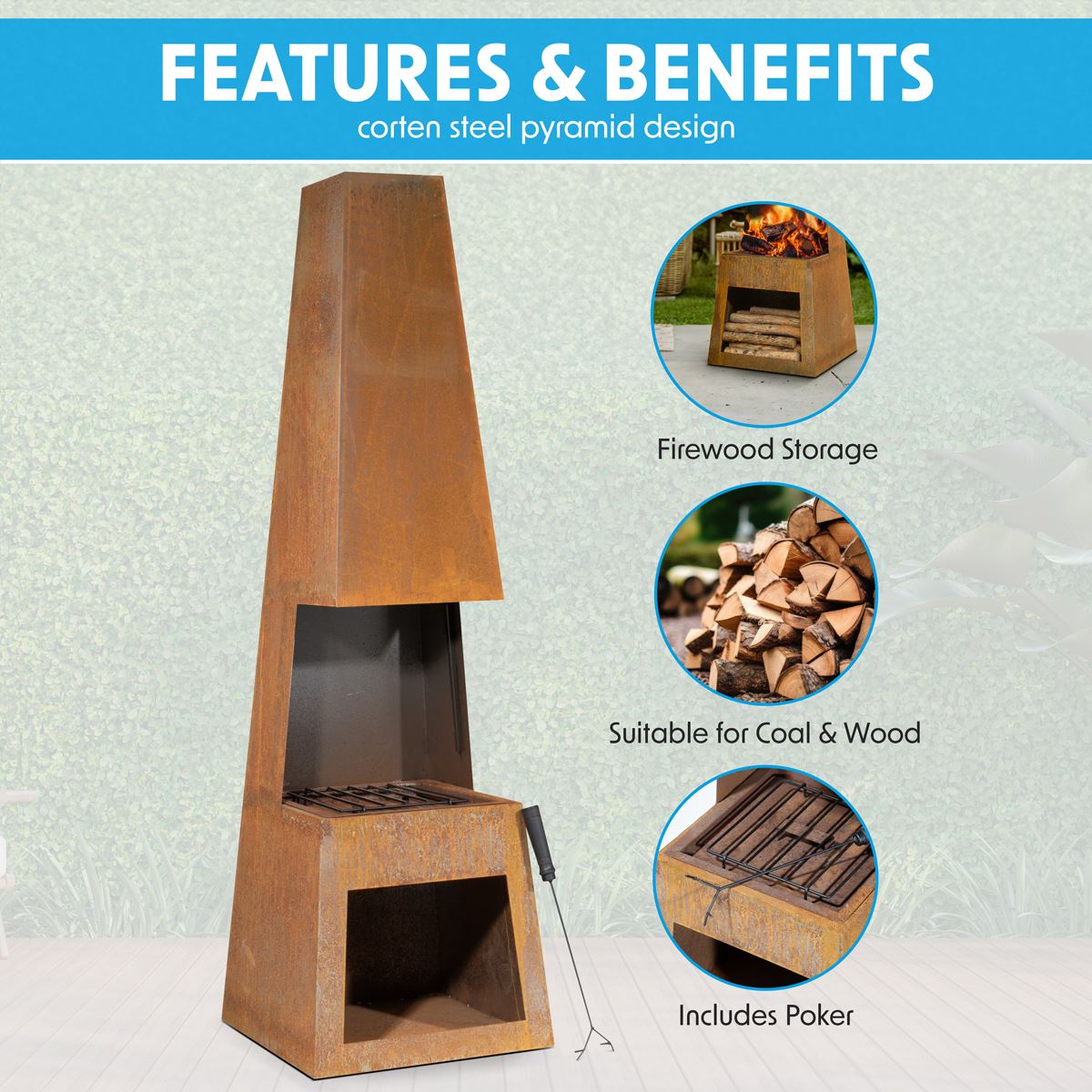 Outdoor Chiminea Fireplace Heater Firewood Storage - Corten Steel