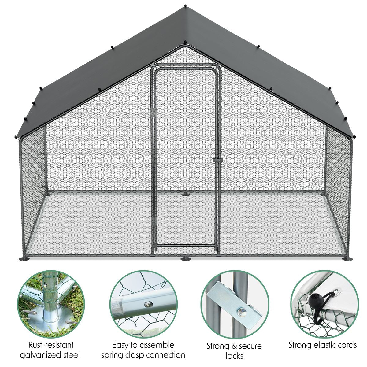 Dellonda Walk-In Galvanized Steel Chicken Run with Roof Cover & PVC Coated Chicken Wire