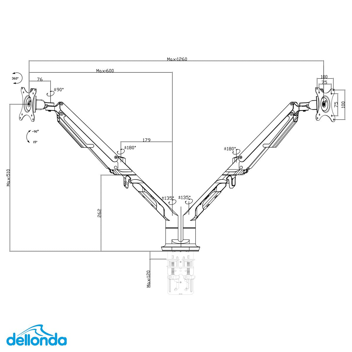 Dellonda Adjustable Double Monitor Arm with 360° Rotation - White