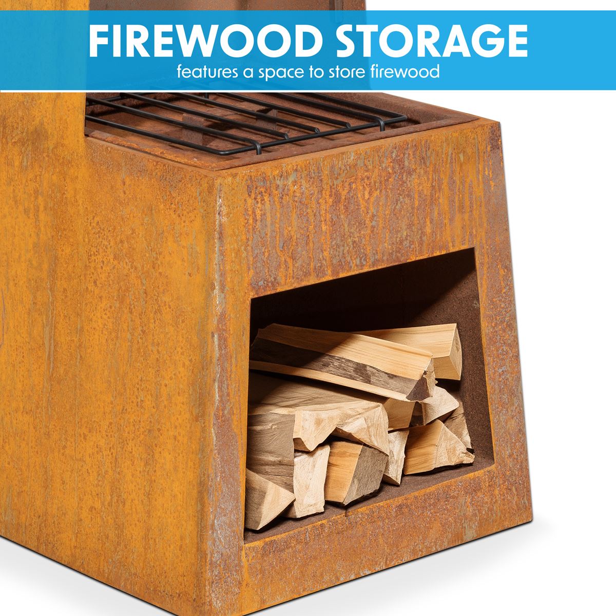 Outdoor Chiminea Fireplace Heater Firewood Storage - Corten Steel