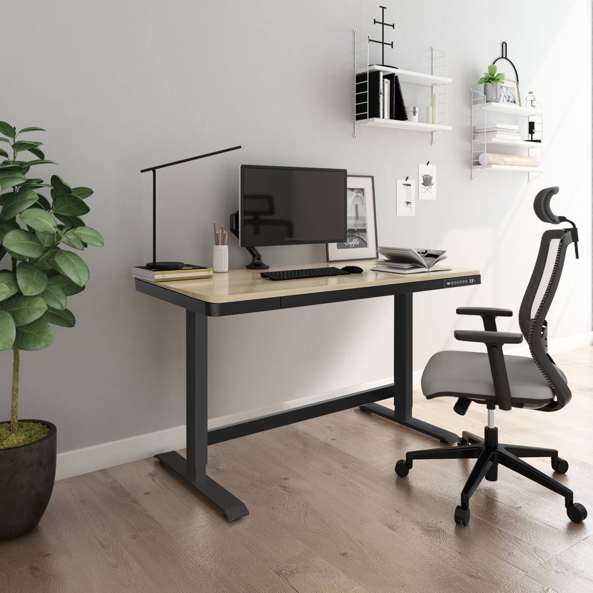 Dellonda Single Motor Ultra-Quiet Electric Desk with Control Panel, USB Port & Drawer - Oak Desktop