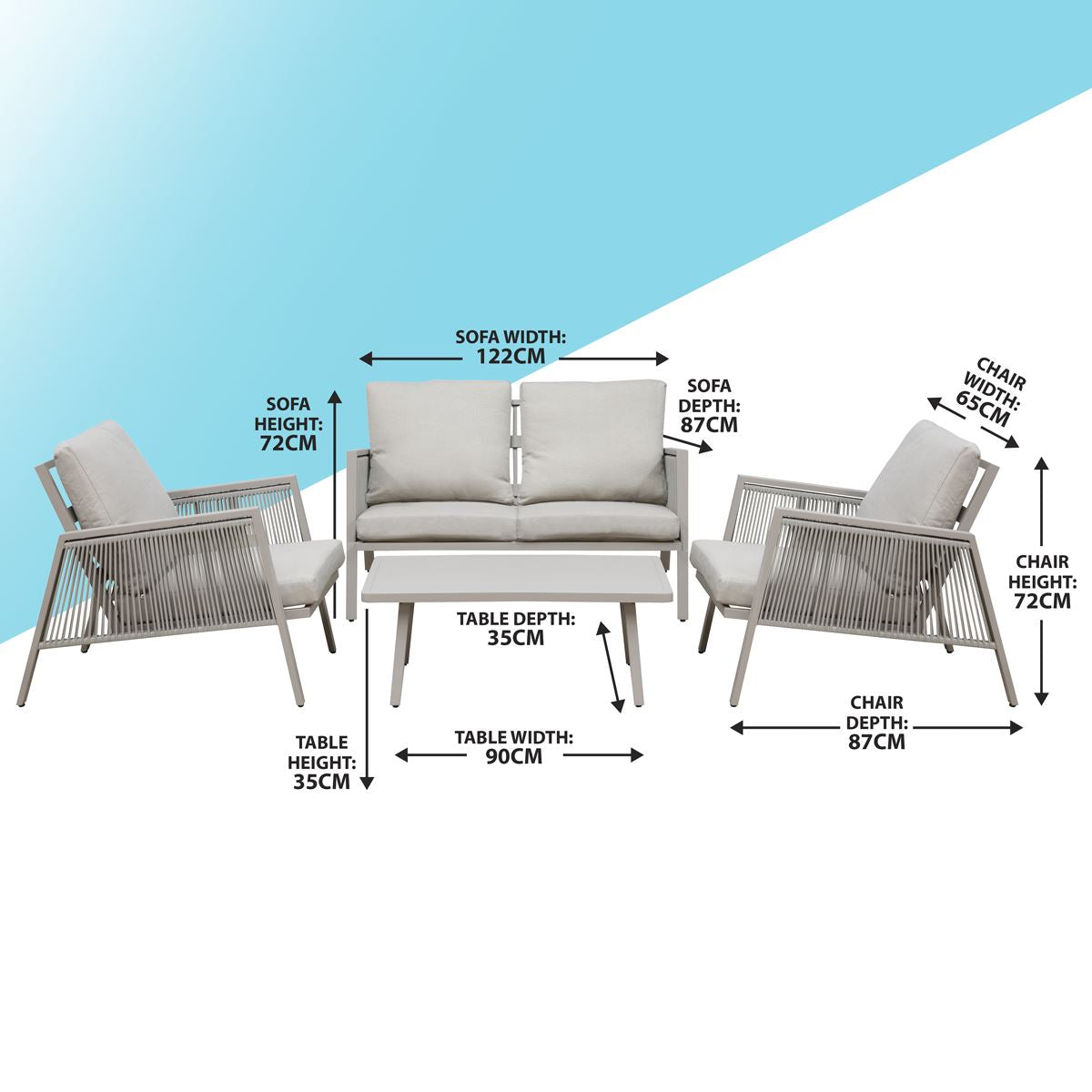Dellonda Fusion Aluminium Outdoor Sofa Arm Chairs & Coffee Table Set 4 Piece