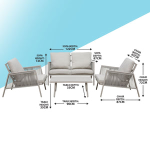 Dellonda Fusion Aluminium Outdoor Sofa Arm Chairs & Coffee Table Set 4 Piece